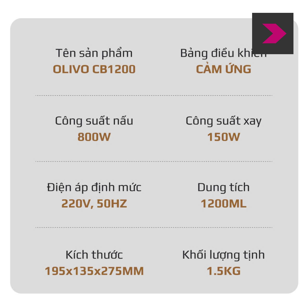 Máy làm sữa hạt Olivo CB1200 - thông số kỹ thuật