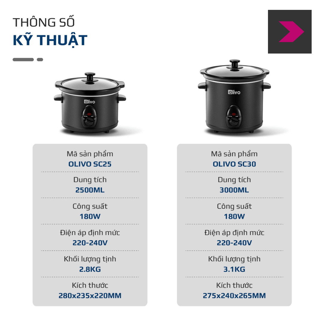 Nồi nấu chậm Olivo SC25 & Olivo SC30 - thông số